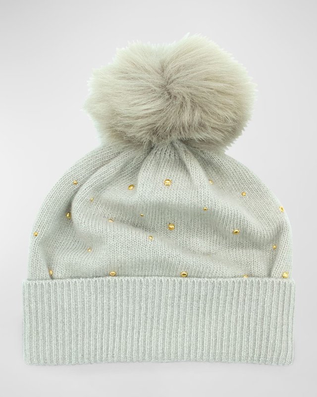 Cashmere Studded Beanie with Faux Fur Pom